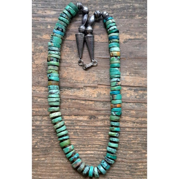 Southwestern 925 Sterling Silver Turquoise Heishi Bead Necklace 18" - Picture 5 of 8